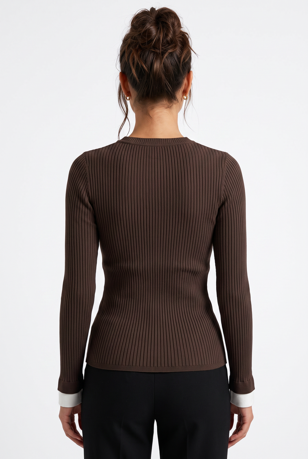 Back view of a lily slim-fit brown ribbed viscose knit top with long sleeves and white contrast cuffs
