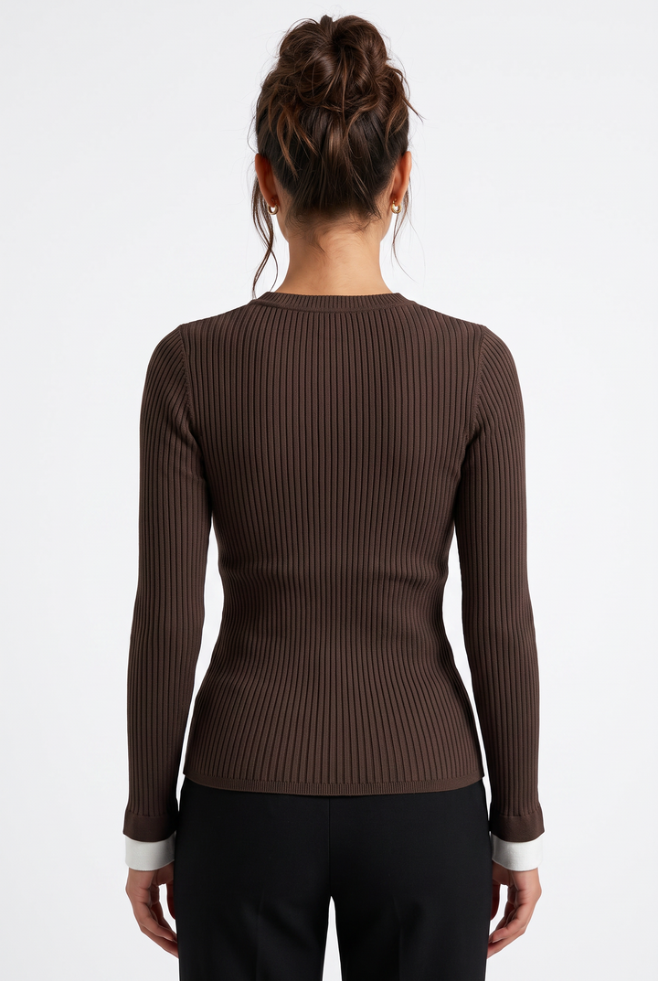 Back view of a lily slim-fit brown ribbed viscose knit top with long sleeves and white contrast cuffs