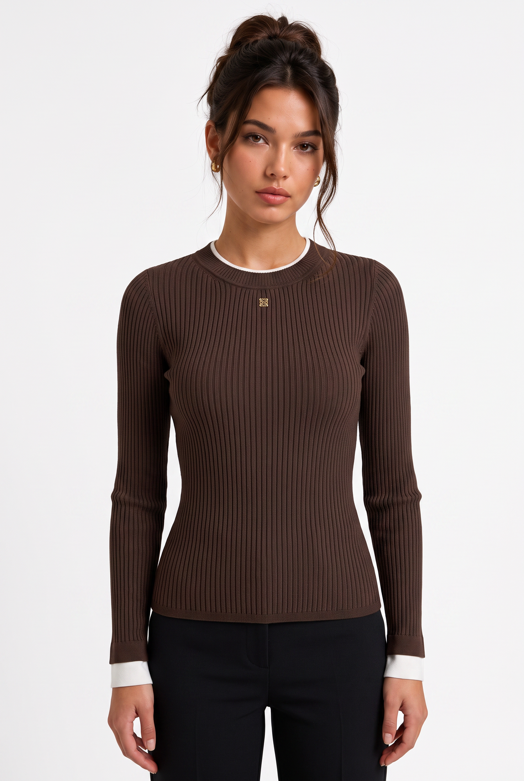 lily brown ribbed viscose knit top with ivory contrast collar and cuffs, featuring a gold-tone chest emblem