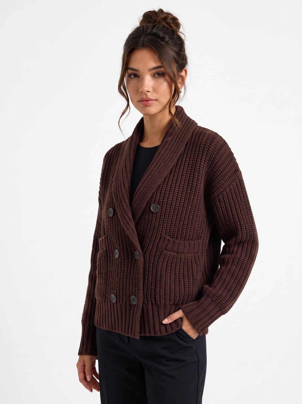 lily brown double-breasted wool-blend cardigan with a chunky ribbed knit, lapel collar, and statement buttons