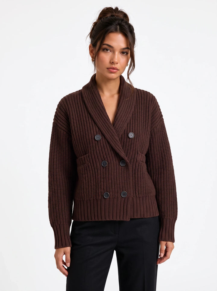 lily brown double-breasted wool-blend cardigan with a structured lapel and chunky ribbed knit texture