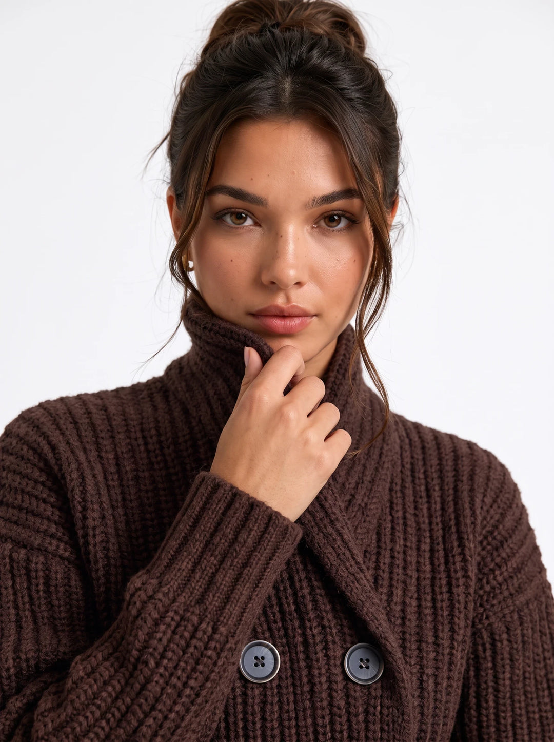 lily brown double-breasted wool-blend cardigan with a chunky ribbed knit and structured lapel neckline