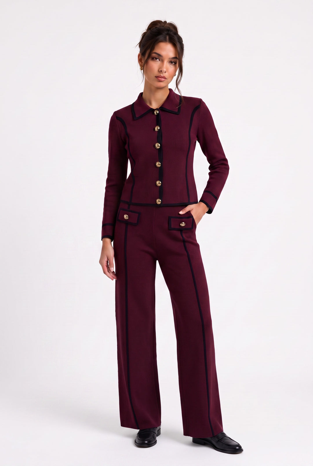lily Signature luxe Line Knit Ensemble Set in deep burgundy with black contrast trim and gold geometric buttons