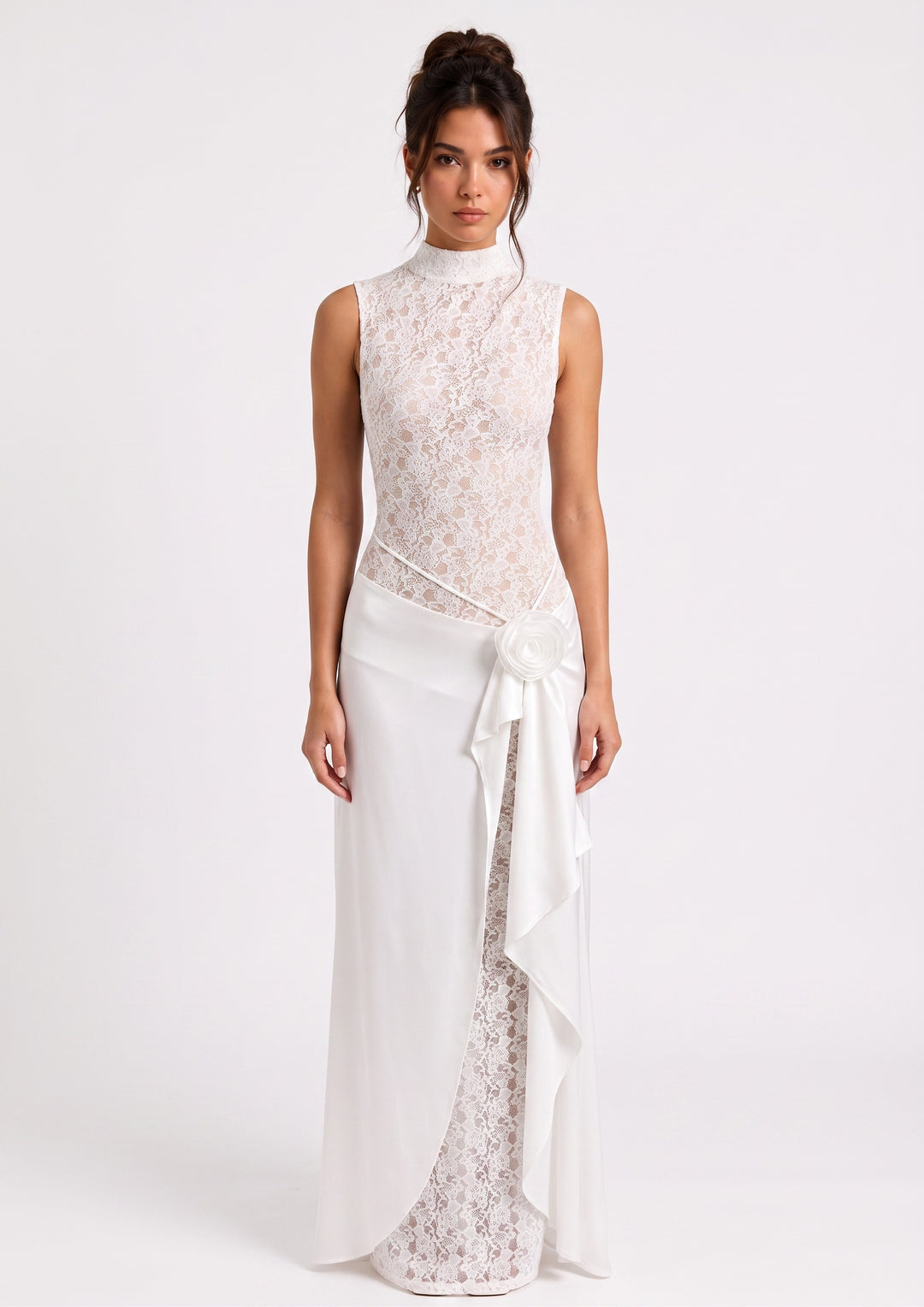 lily Celeste Lace Rosette Gown featuring white floral lace, a mock neckline, and a draped chiffon skirt with a rosette.