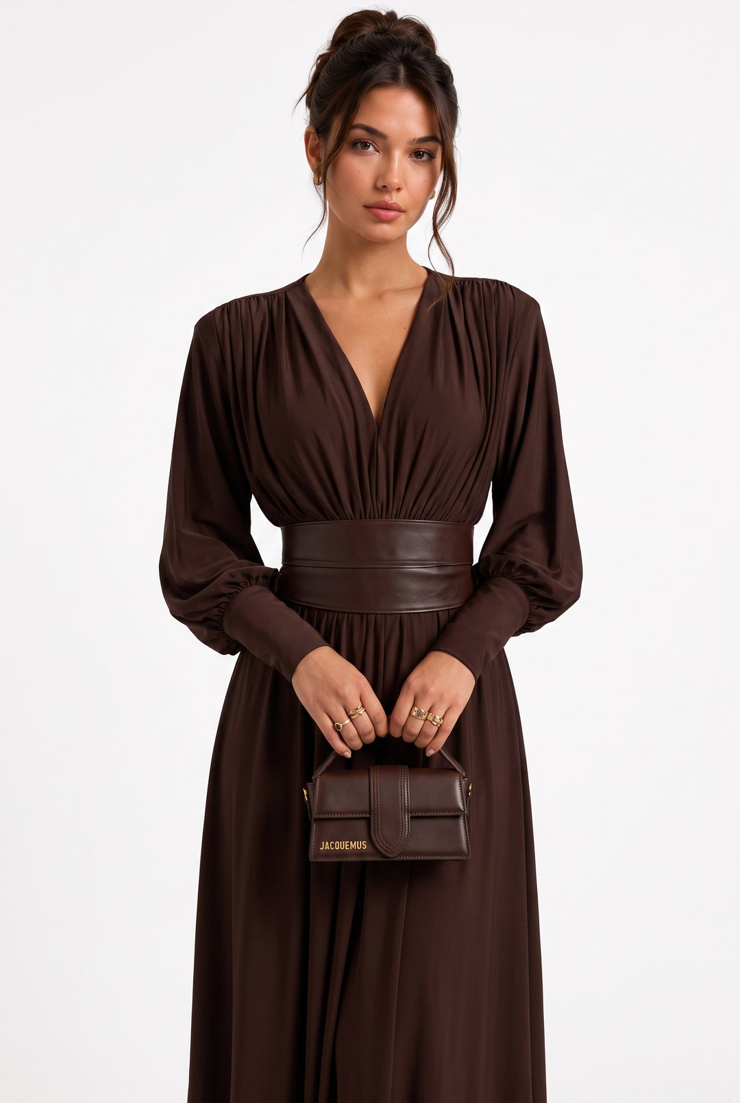 lily chocolate brown chiffon maxi dress with deep V-neck, long sleeves, and a structured leather-look waist belt.