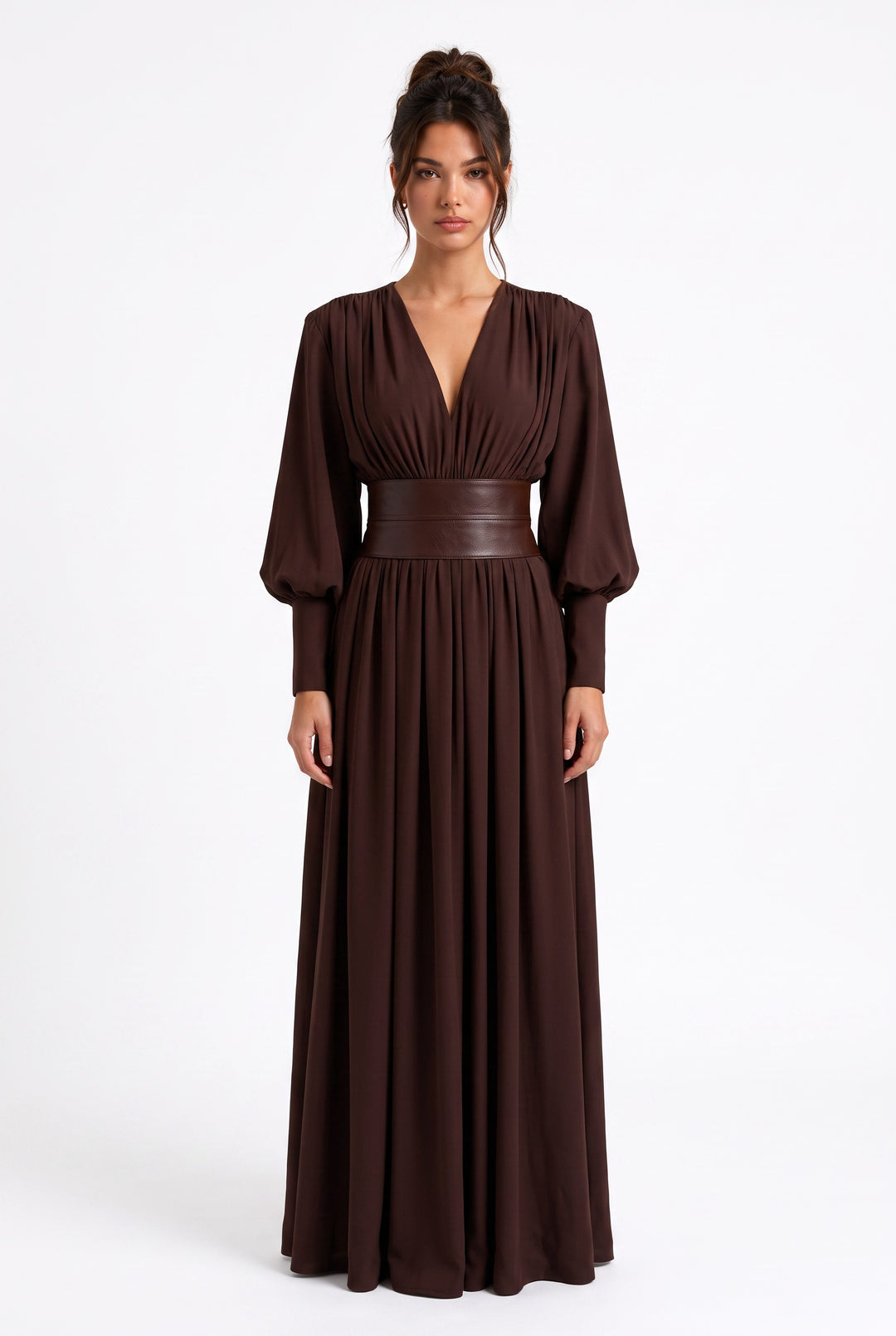 lily chocolate brown chiffon maxi dress with deep V-neck, long sleeves, and a structured leather-look waist belt