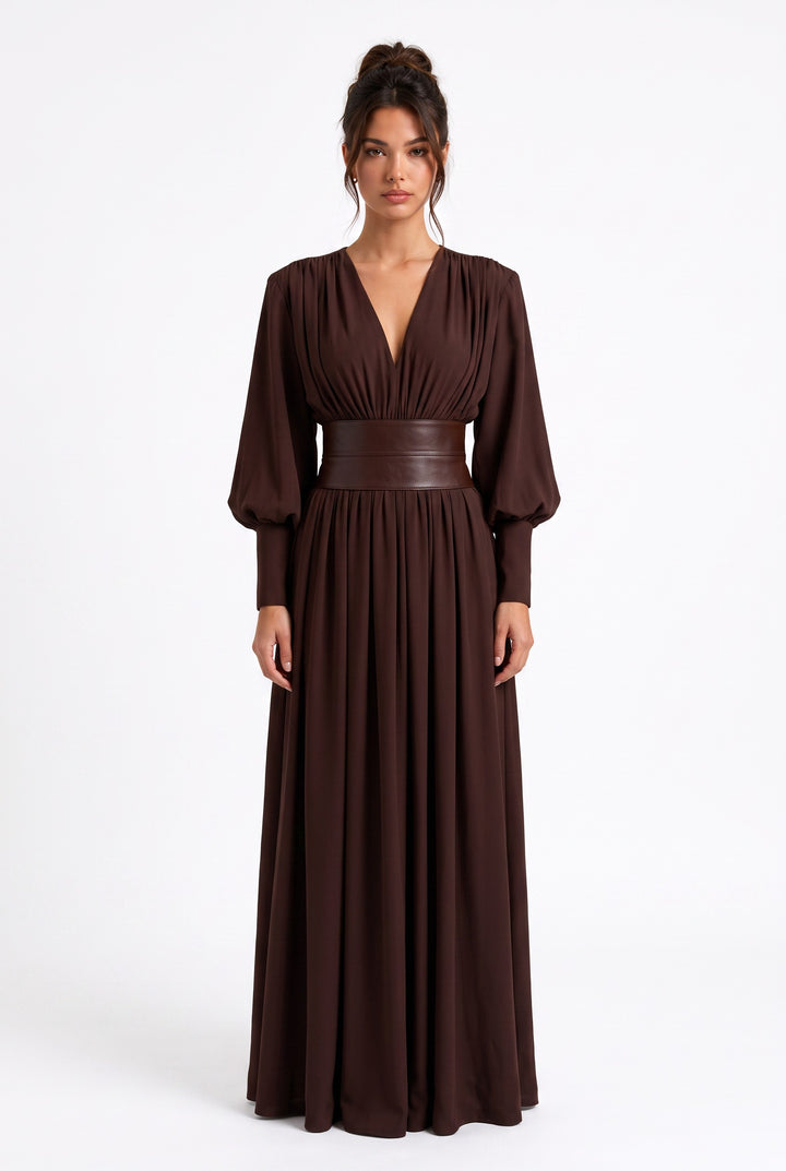 lily chocolate brown chiffon maxi dress with deep V-neck, long sleeves, and a structured leather-look waist belt