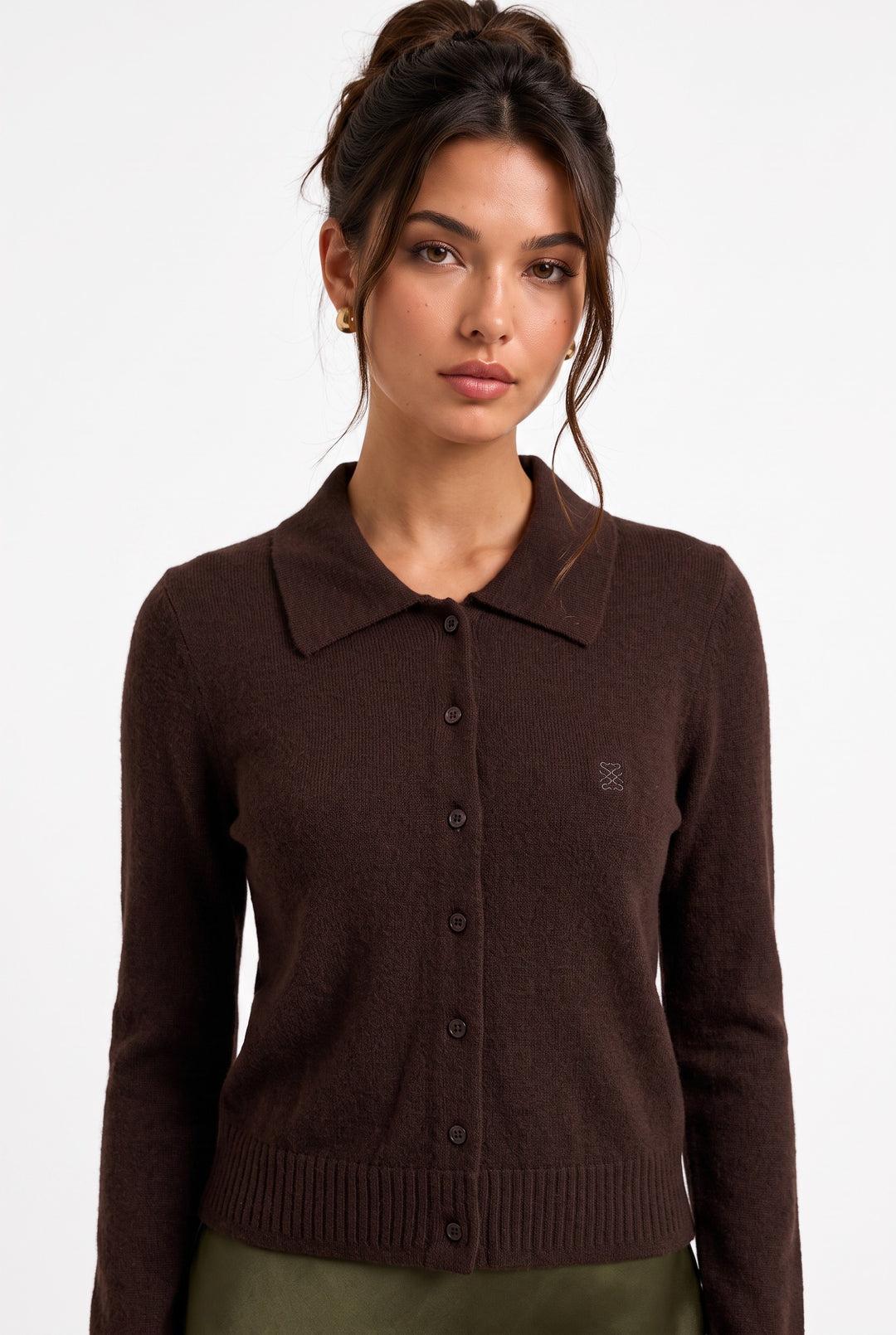 lily chocolate brown wool blend button-front cardigan with a classic collar and ribbed hem worn by a model