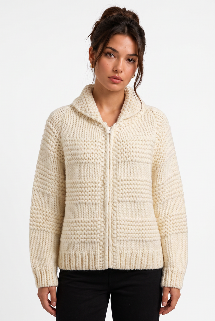 lily chunky cream wavy knit zipper jacket with a high collar and ribbed hem worn by a woman