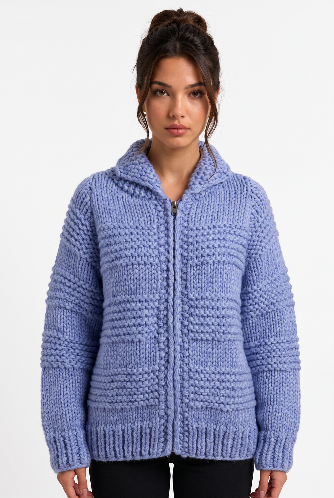 lily chunky wavy knit zipper jacket in periwinkle blue with a high collar and relaxed fit worn by a model