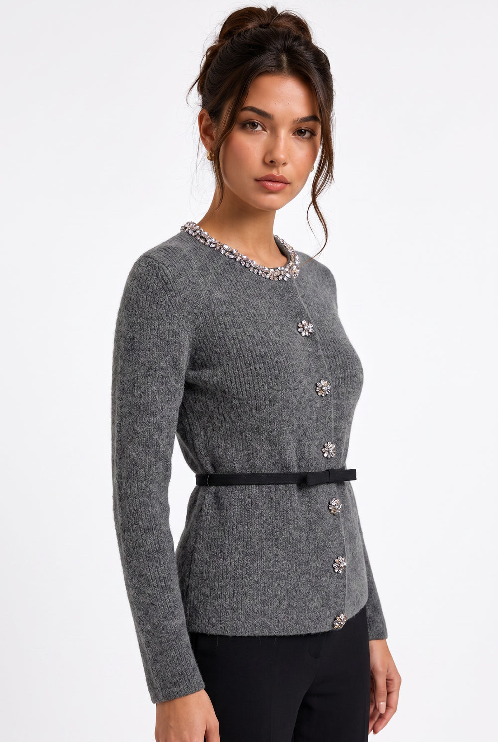 lily grey wool-blend cardigan with crystal neckline and floral buttons, worn by a model with a thin waist belt.