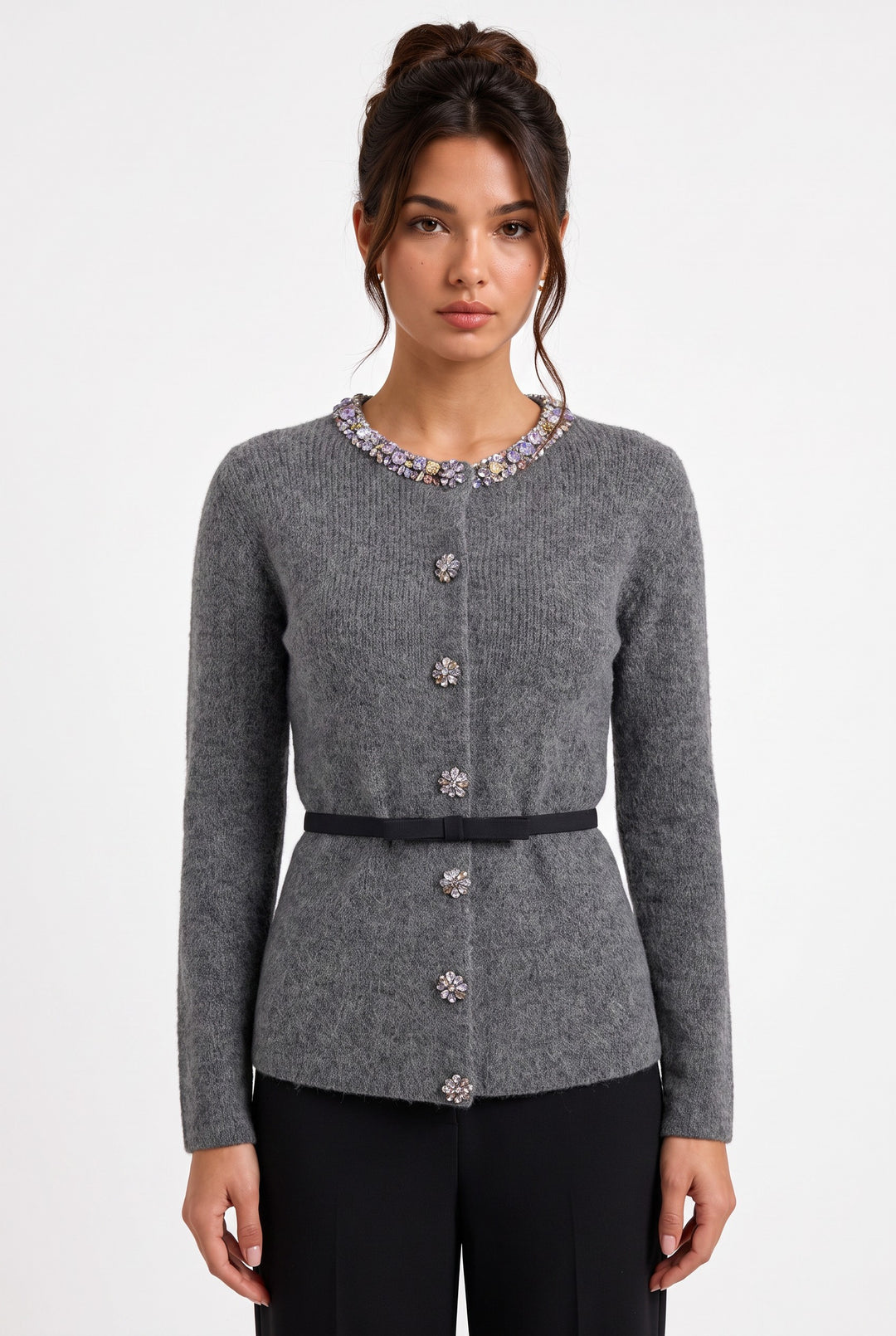 lily grey wool-blend cardigan with a crystal-embellished neckline, floral buttons, and a slim waist-cinching tie.