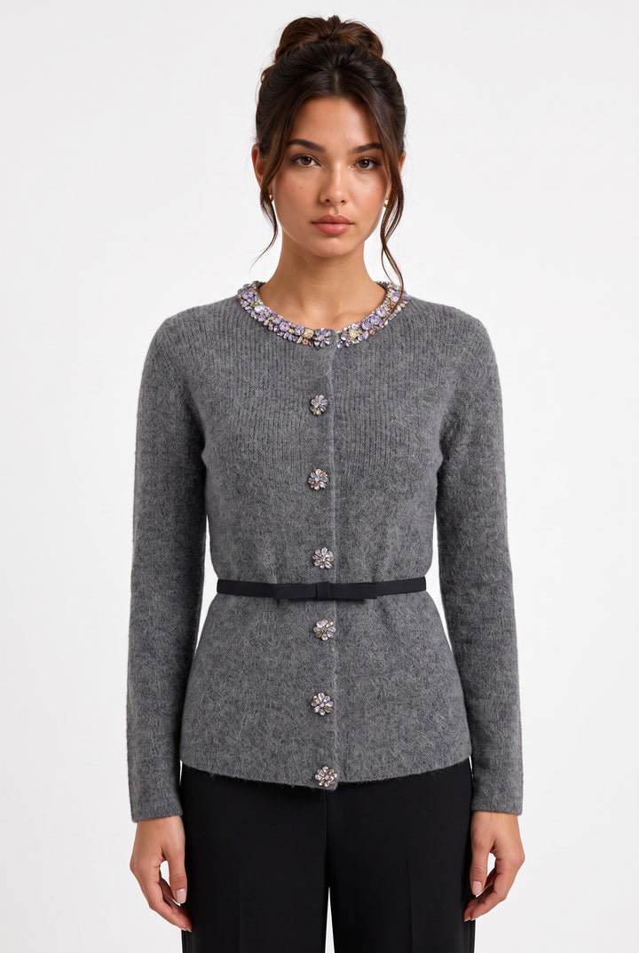 lily grey wool-blend cardigan with a crystal-embellished neckline, floral buttons, and a slim waist-cinching tie.