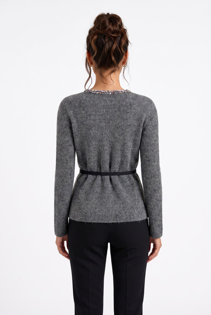 Back view of lily grey wool-blend cardigan with a jeweled neckline and a slim waist tie on a model