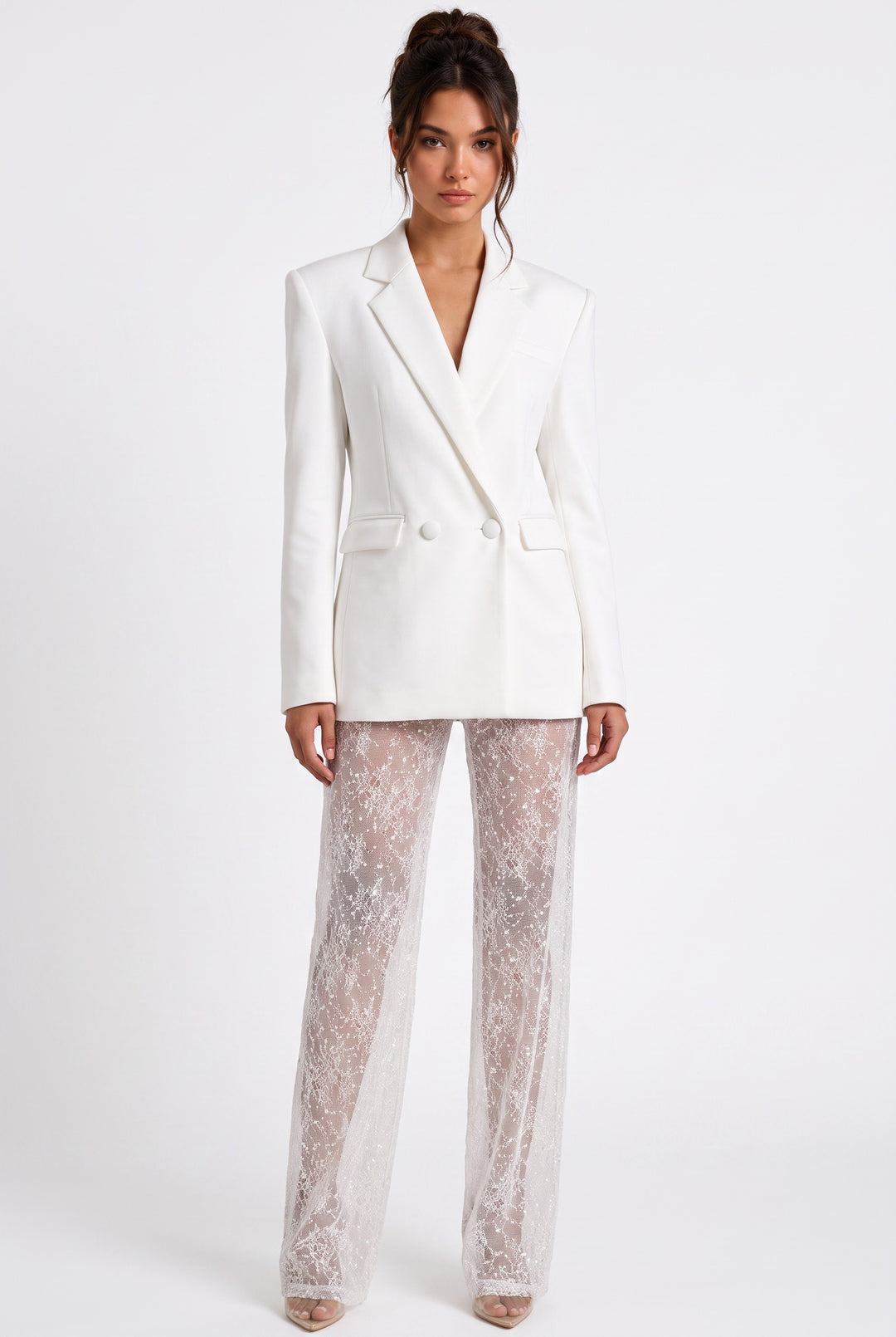 lily ivory double-breasted blazer paired with high-waisted sheer lace wide-leg trousers on a model