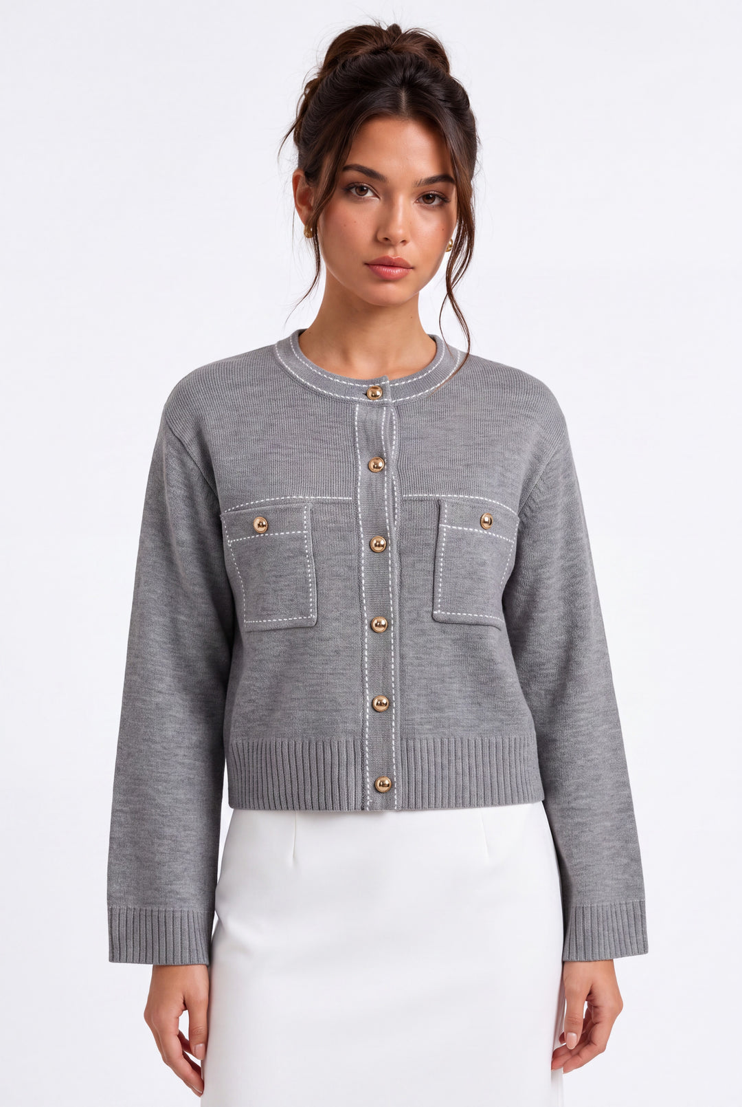 lily Leona grey knit cardigan with gold dome buttons, white contrast topstitching, and a cropped boxy fit