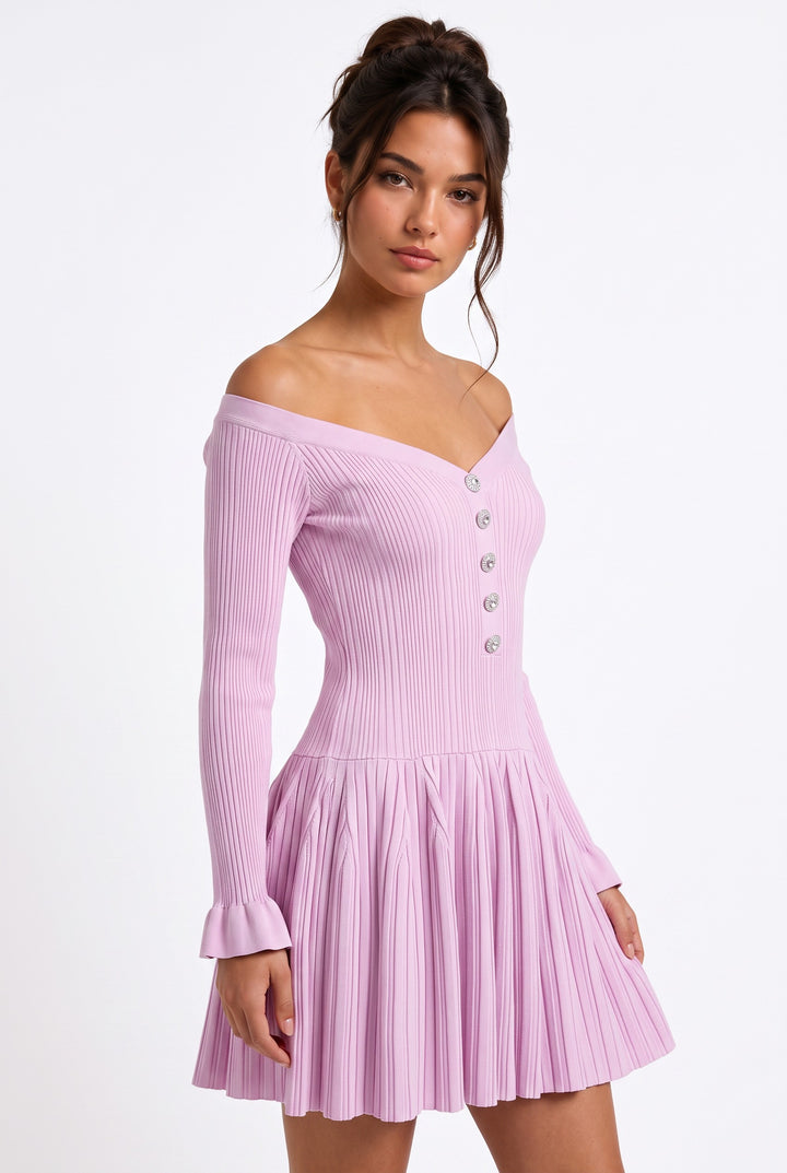 lily off-shoulder soft lilac ribbed knit mini dress with crystal buttons and ruffled long sleeves on a model