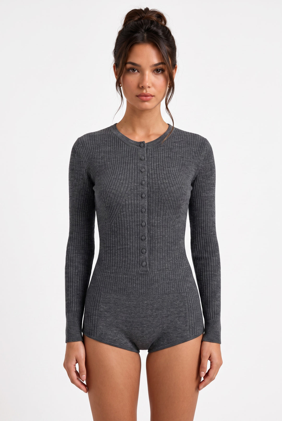 lily Mirelle charcoal grey ribbed knit bodysuit with long sleeves and a button-front placket on a model