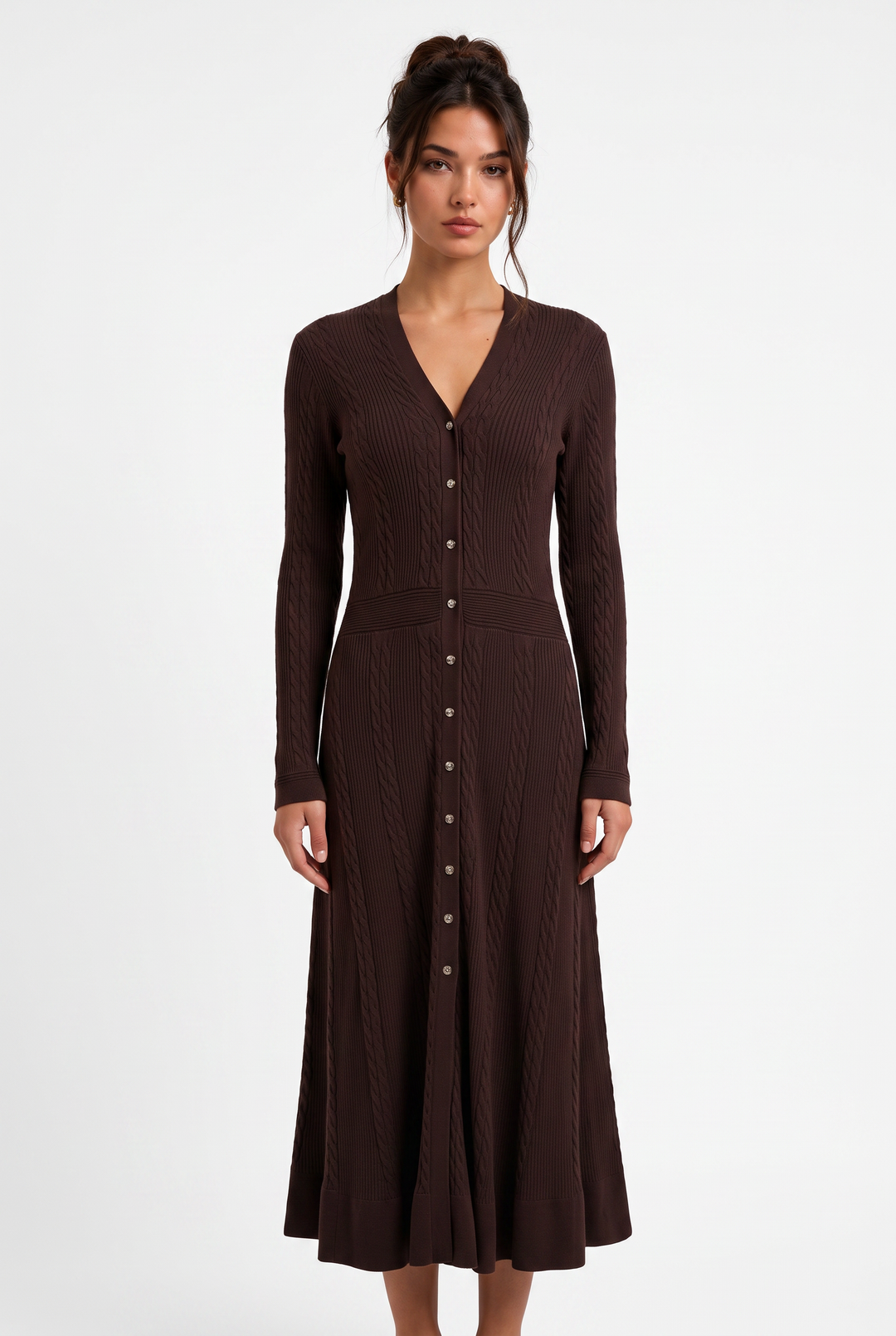 lily mocha long sleeve wool knit maxi dress with a button-down front and flared skirt worn by a model
