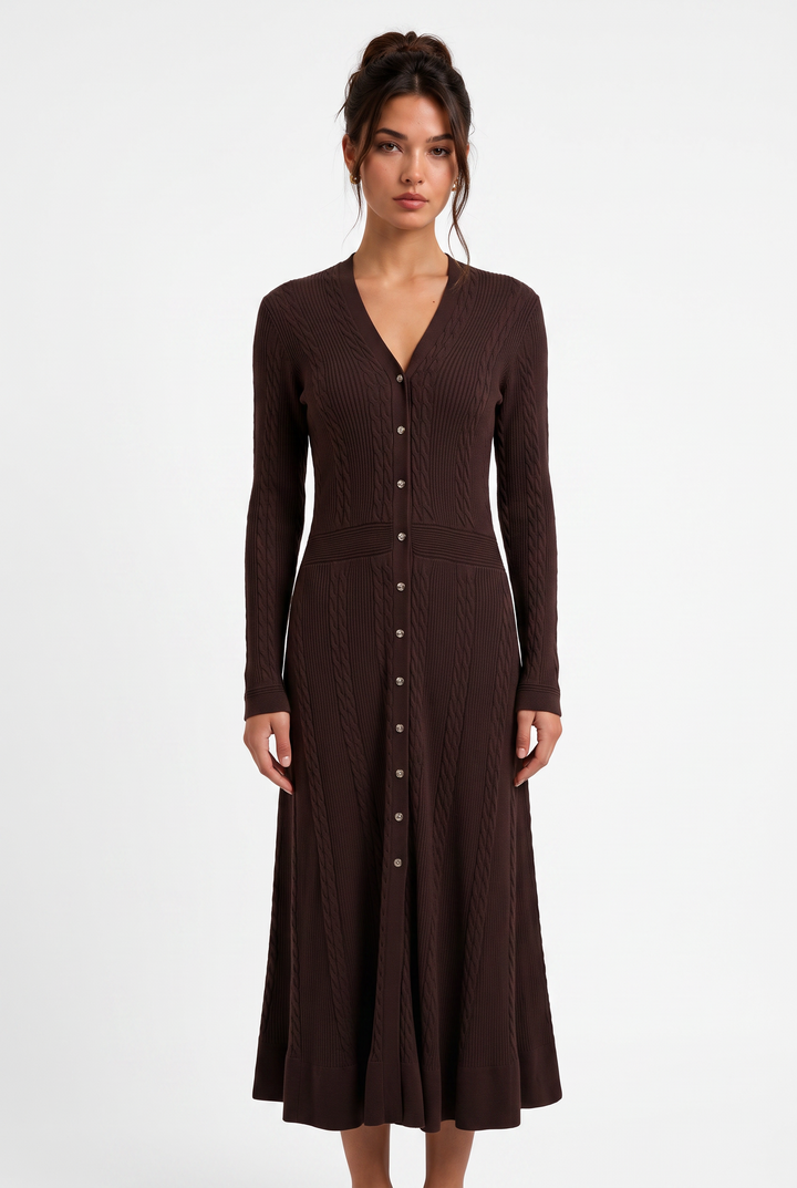 lily mocha long sleeve wool knit maxi dress with a button-down front and flared skirt worn by a model