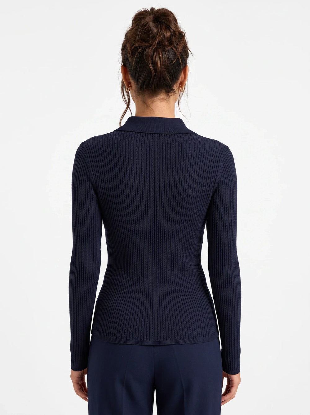Back view of lily Nina navy blue cable knit polo top with long sleeves and a slim-fit ribbed wool-blend silhouette.