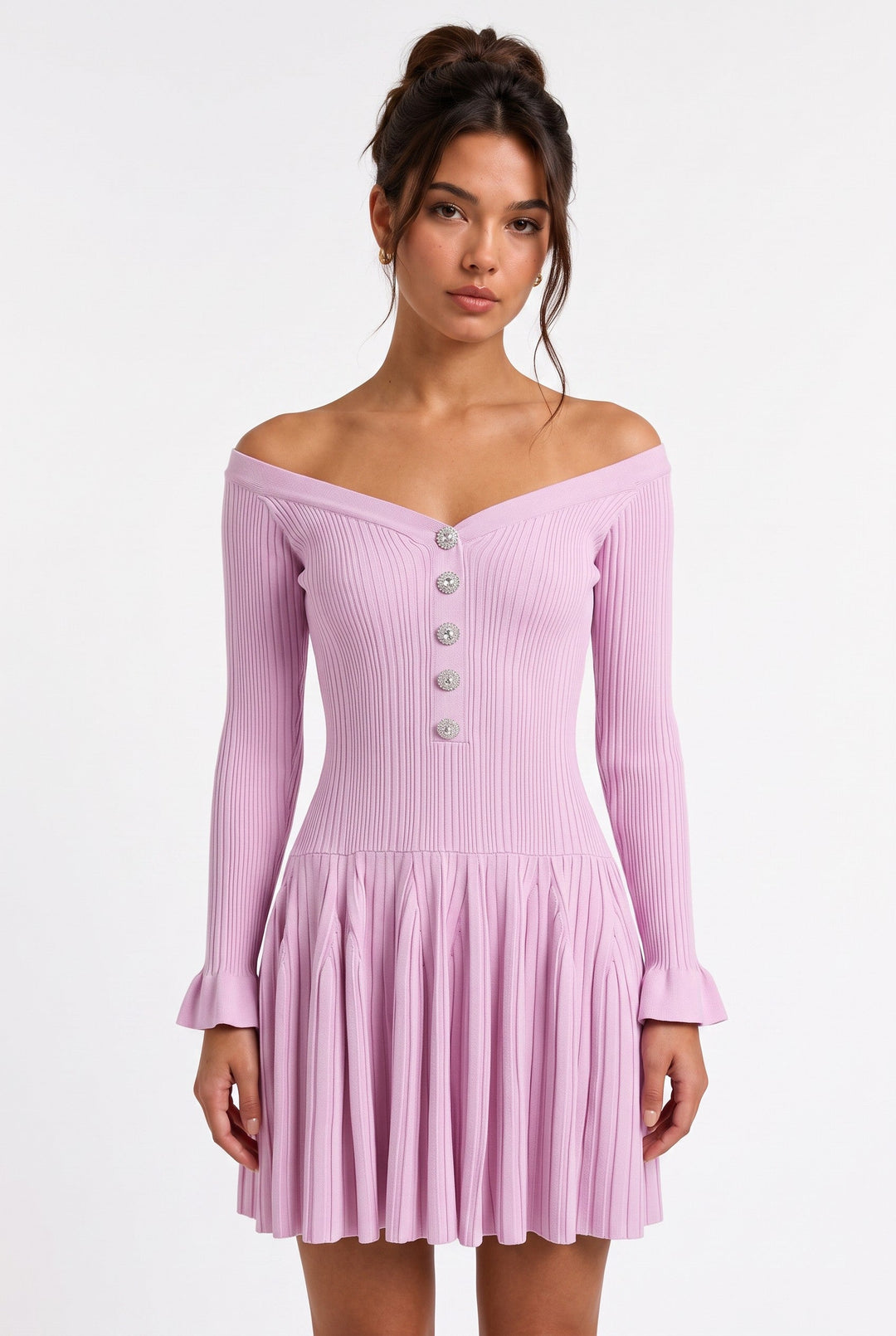lily off shoulder soft lilac ribbed knit mini dress with crystal buttons and ruffled cuffs worn by a model
