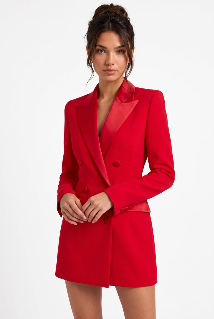 Model wearing a lily red double-breasted blazer dress with satin peak lapels and structured shoulders