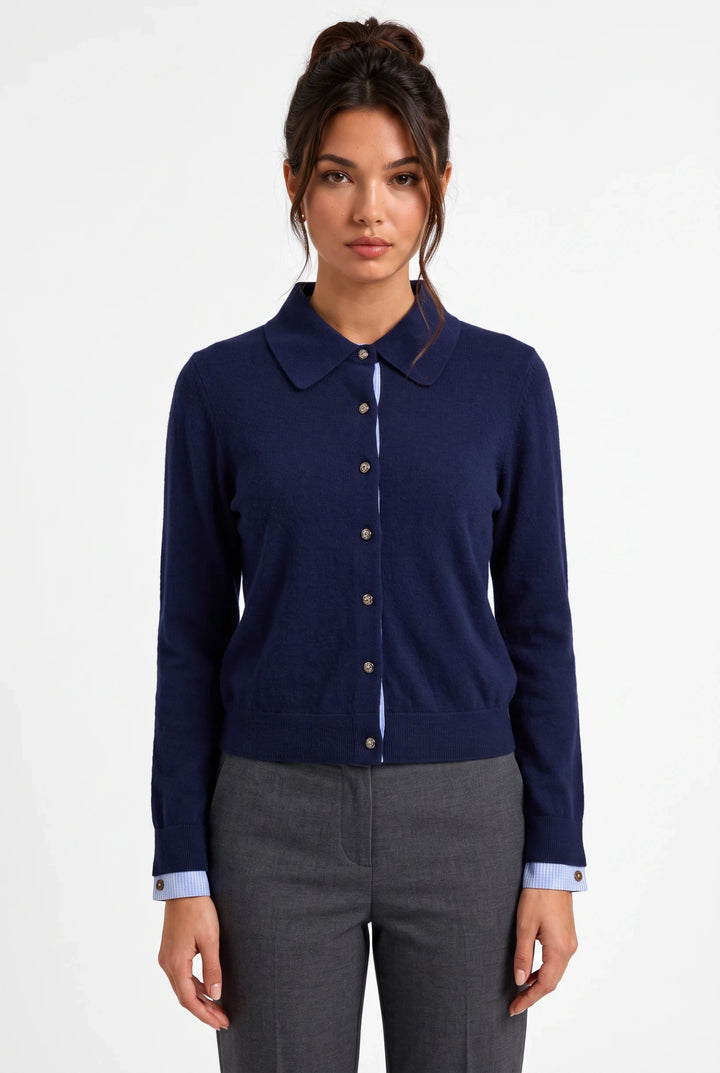 lily Sophie navy wool-blend knit polo top with button placket, long sleeves, and contrast striped inner cuffs